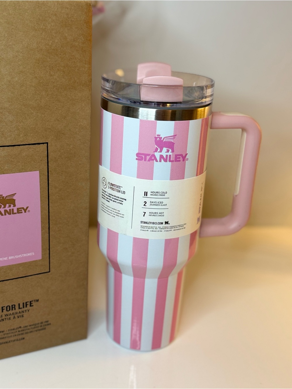 New! Stanley Quencher Pink & White Striped Insulated Tumbler . 40 oz - Picture 3 of 8